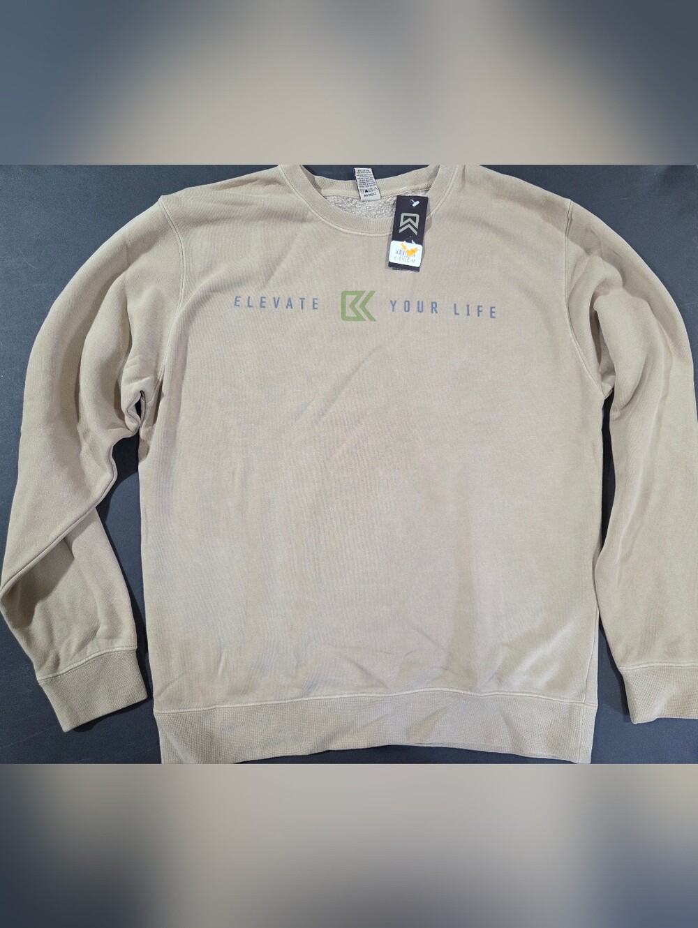 BAKCOU Elevate Your Life Beige Crewneck Sweatshirt with Green Logo (A)